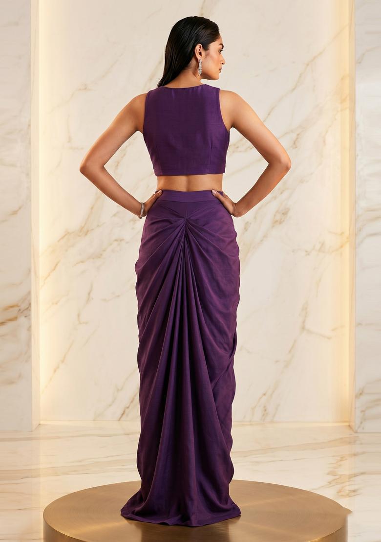 Deep Purple Embroidered Handwork Fusion Set - Indya