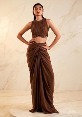 Dark Brown Embroidered Handwork Fusion Set