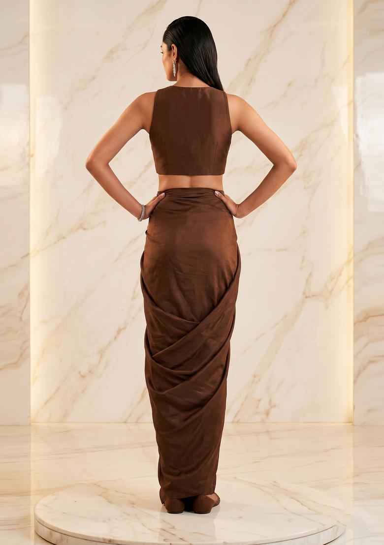 Dark Brown Embroidered Handwork Fusion Set - Indya