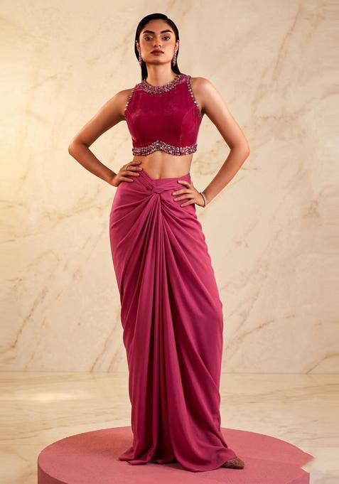 Magenta Embroidered Handwork Fusion Set