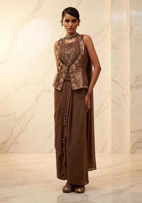 Dark Brown Embroidered Handwork Fusion Set
