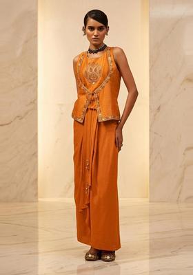 Bright Orange Embroidered Handwork Fusion Set