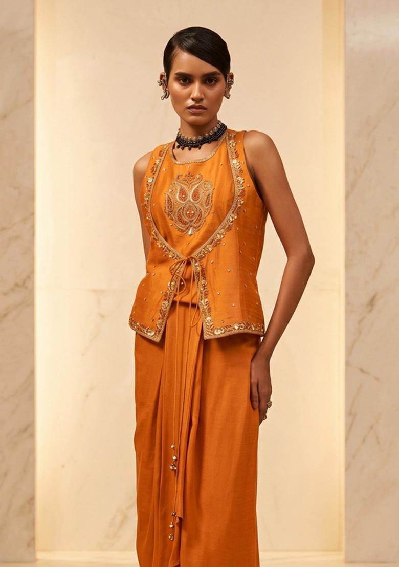 Bright Orange Embroidered Handwork Fusion Set - Indya