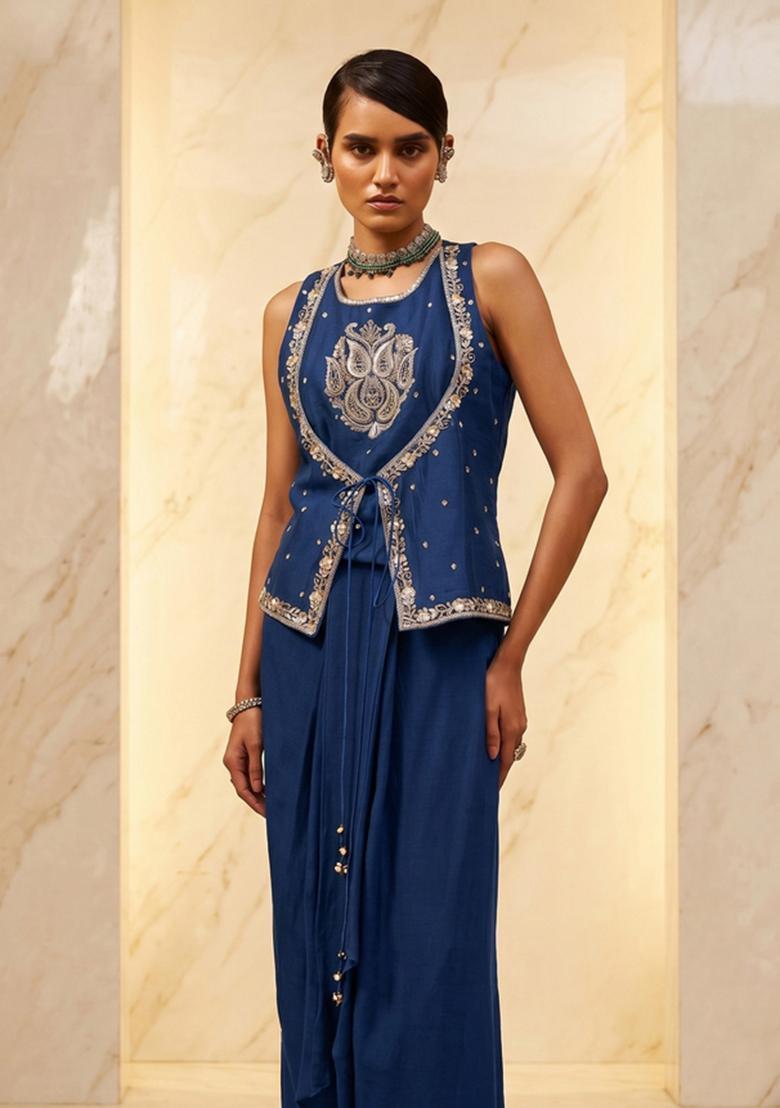 Royal Blue Embroidered Handwork Fusion Set - Indya