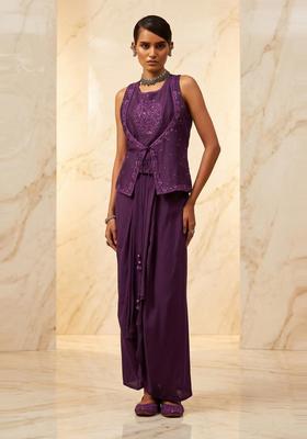 Purple Embroidered Handwork Fusion Set