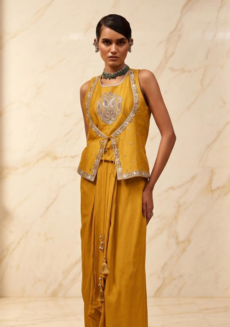 Mustard Yellow Embroidered Handwork Fusion Set - Indya