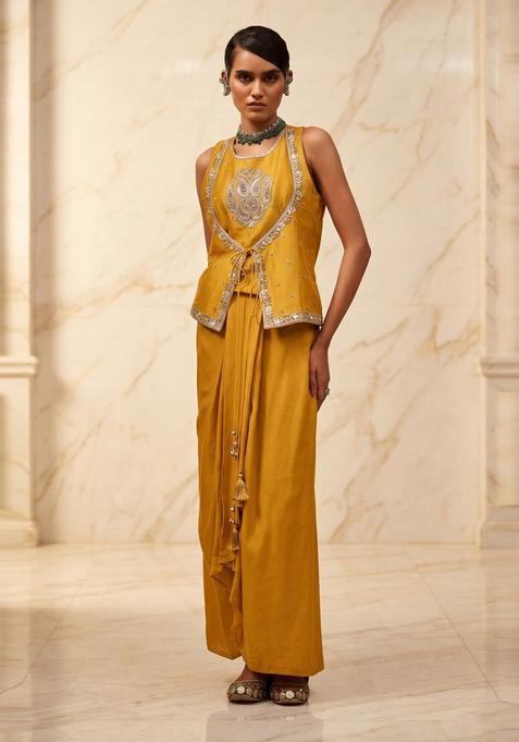 Mustard Yellow Embroidered Handwork Fusion Set