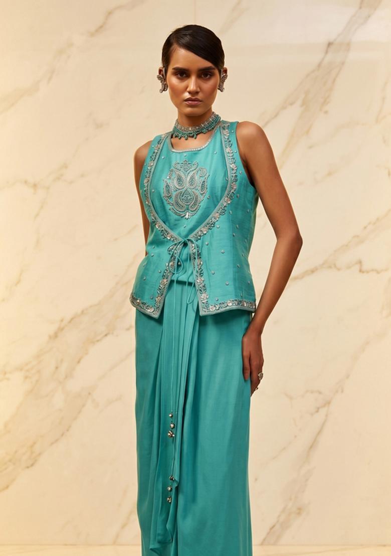 Teal Embroidered Handwork Fusion Set - Indya