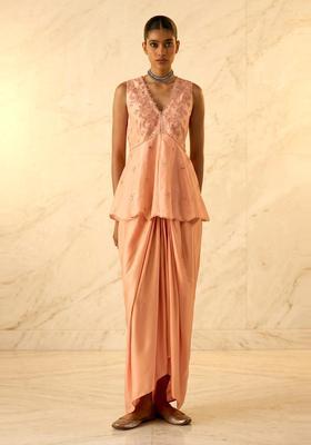 Peach Embroidered Handwork Fusion Set