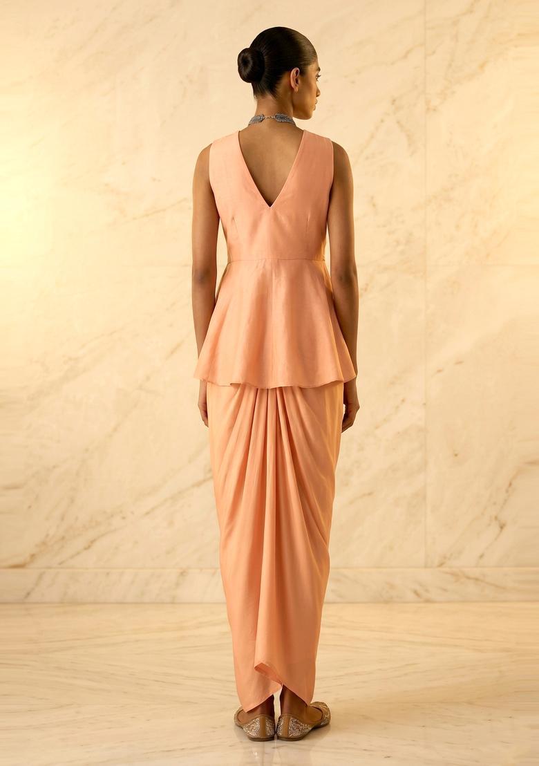 Peach Embroidered Handwork Fusion Set - Indya