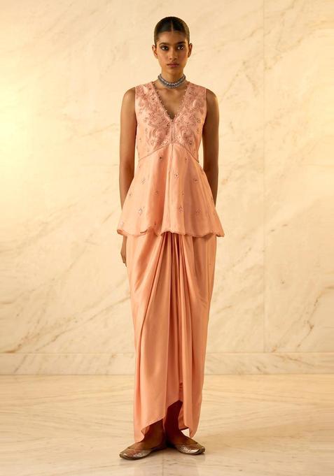Peach Embroidered Handwork Fusion Set