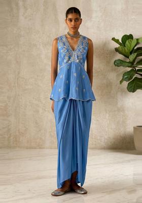 Powder Blue Embroidered Handwork Fusion Set