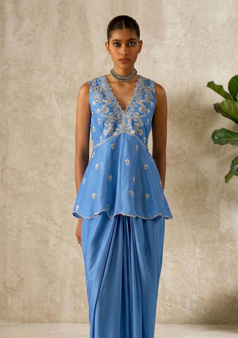 Powder Blue Embroidered Handwork Fusion Set - Indya