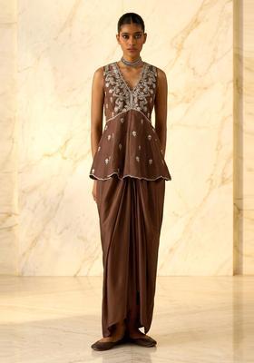Brown Embroidered Handwork Fusion Set