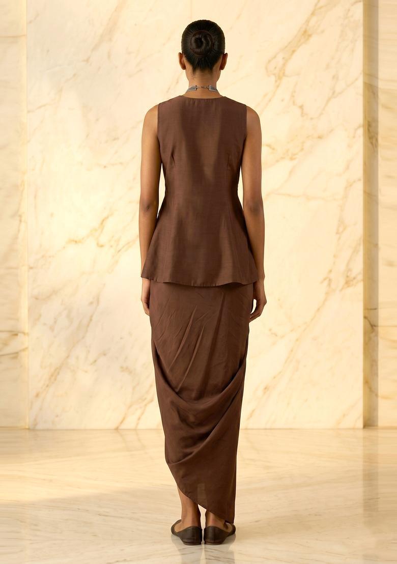 Brown Embroidered Handwork Fusion Set - Indya
