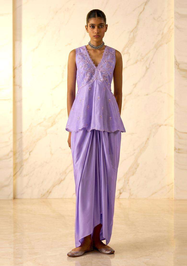 Purple Embroidered Handwork Fusion Set - Indya