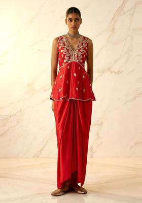 Red Embroidered Handwork Fusion Set