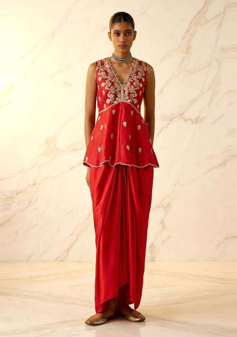 Red Embroidered Handwork Fusion Set - Indya