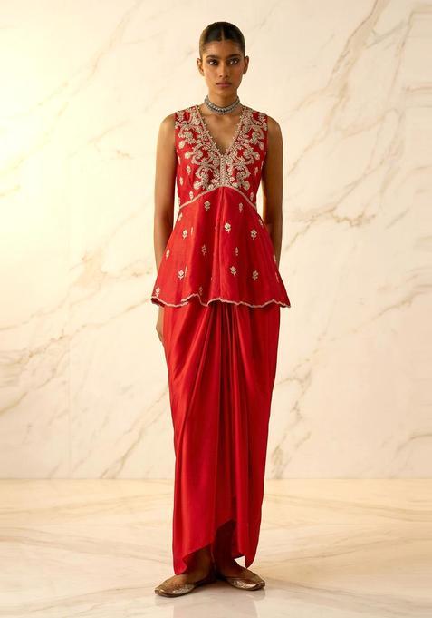 Red Embroidered Handwork Fusion Set