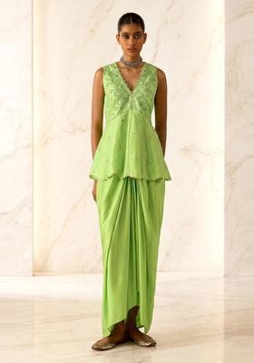 Lime Green Embroidered Handwork Fusion Set