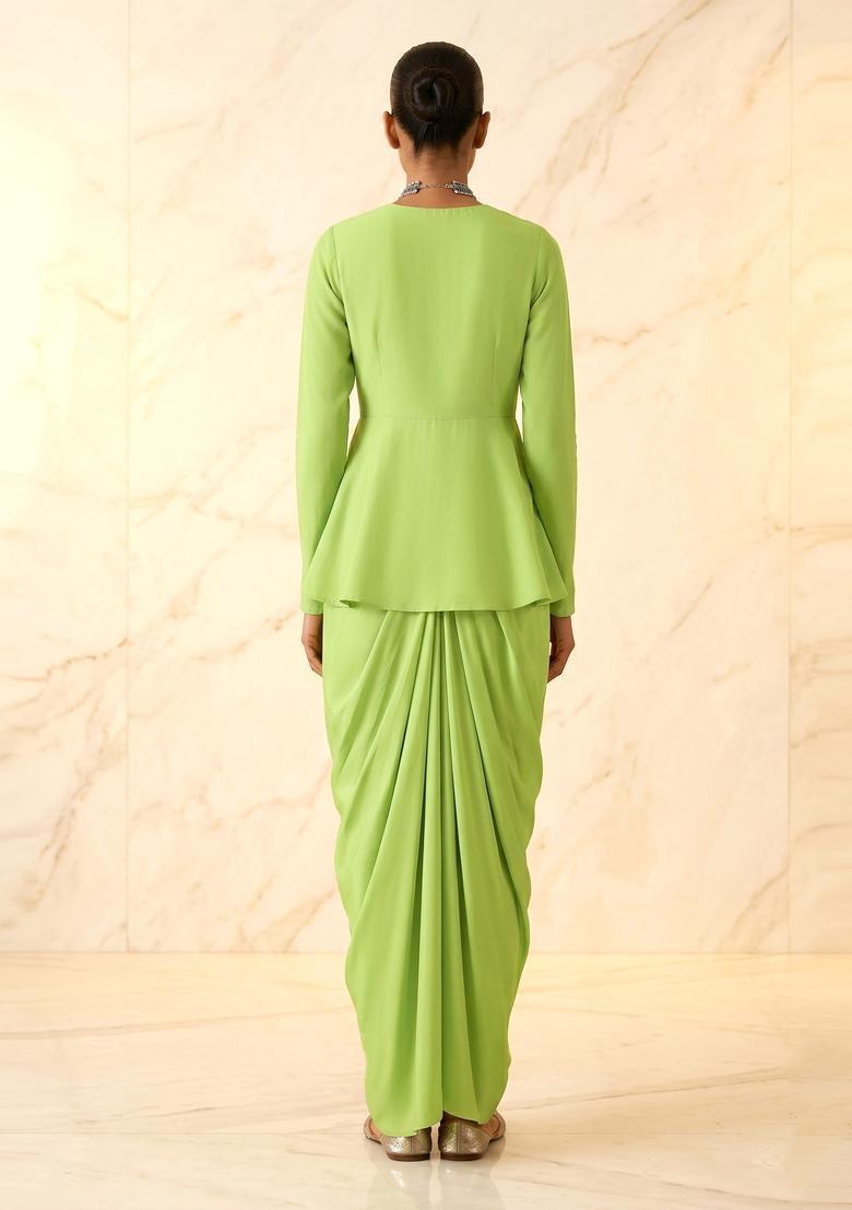 Lime Green Embroidered Handwork Fusion Set - Indya