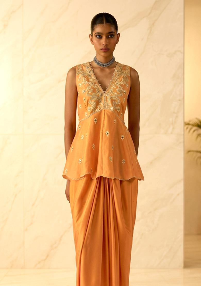 Orange Embroidered Handwork Fusion Set - Indya