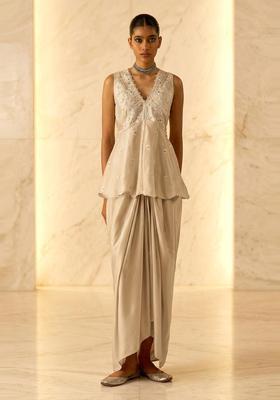 Beige Embroidered Handwork Fusion Set