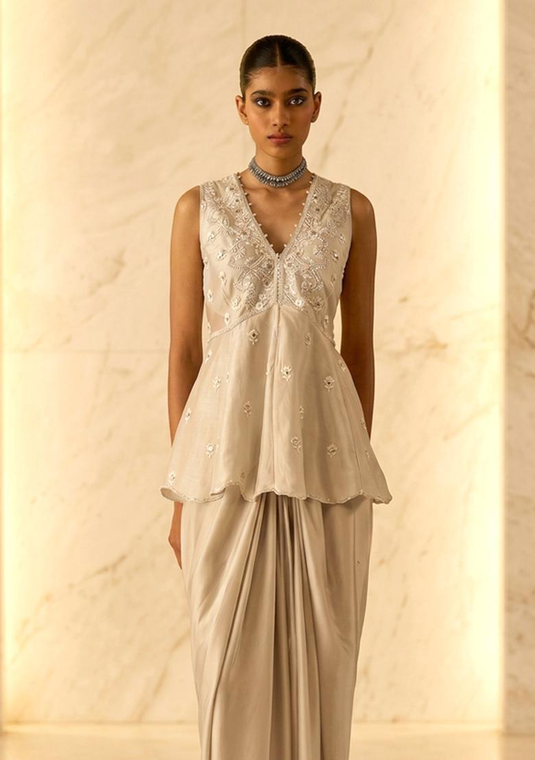 Beige Embroidered Handwork Fusion Set - Indya