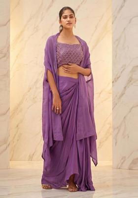 Purple Embroidered Handwork Fusion Set