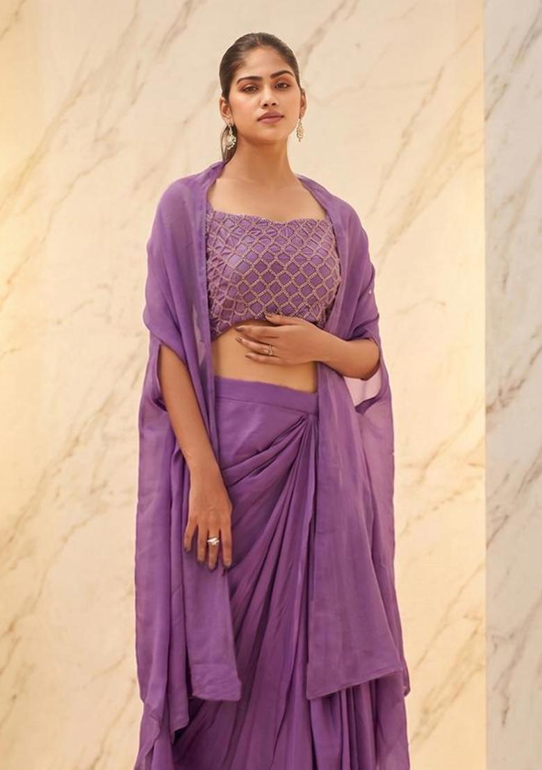 Purple Embroidered Handwork Fusion Set - Indya
