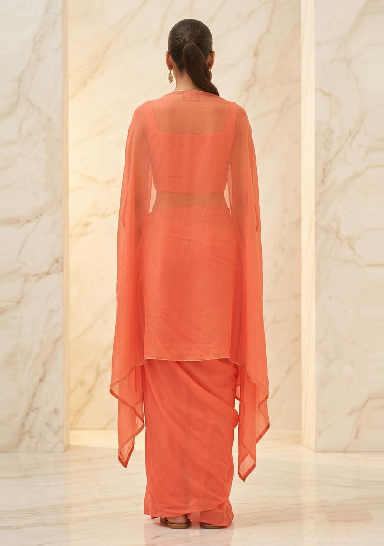 Coral Embroidered Handwork Fusion Set - Indya