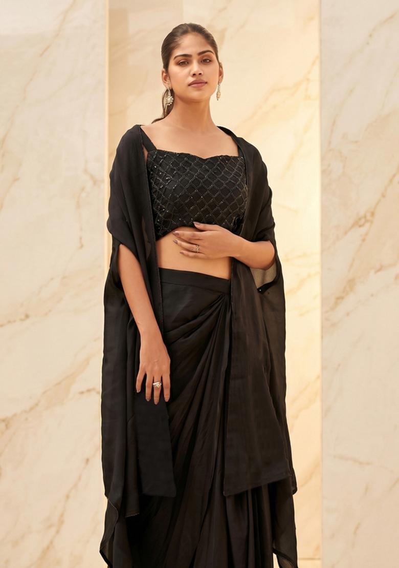 Charcoal Black Embroidered Handwork Fusion Set - Indya