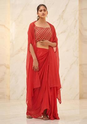 Red Embroidered Handwork Fusion Set