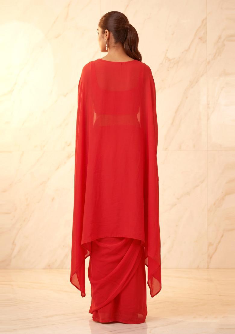 Red Embroidered Handwork Fusion Set - Indya