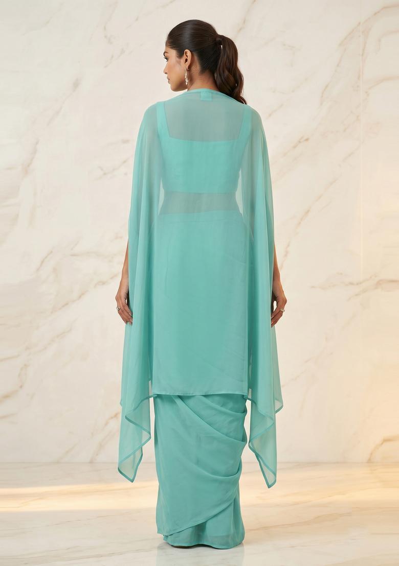 Teal Embroidered Handwork Fusion Set - Indya