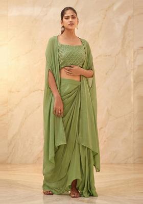 Sage Green Embroidered Handwork Fusion Set