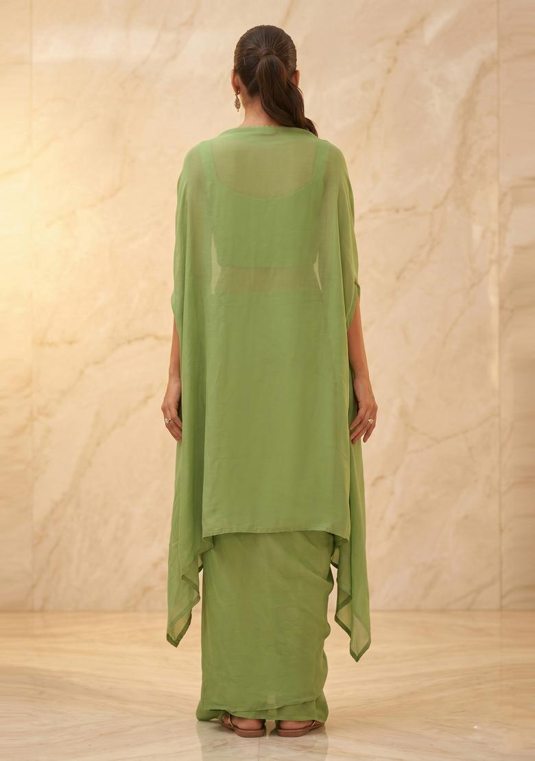 Sage Green Embroidered Handwork Fusion Set - Indya