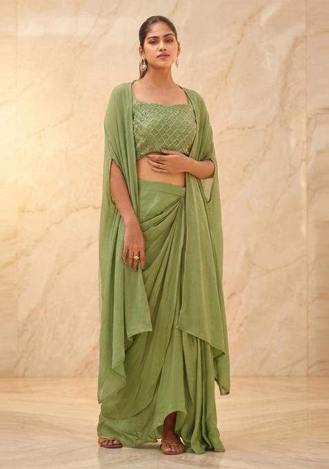 Sage Green Embroidered Handwork Fusion Set