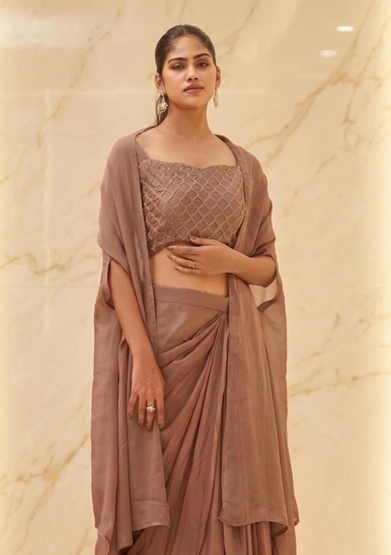 Beige Embroidered Handwork Fusion Set - Indya
