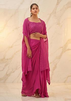 Magenta Pink Embroidered Handwork Fusion Set
