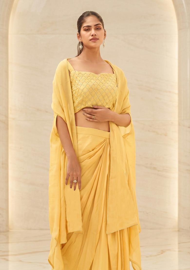 Pastel Yellow Embroidered Handwork Fusion Set - Indya