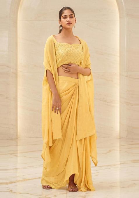 Pastel Yellow Embroidered Handwork Fusion Set