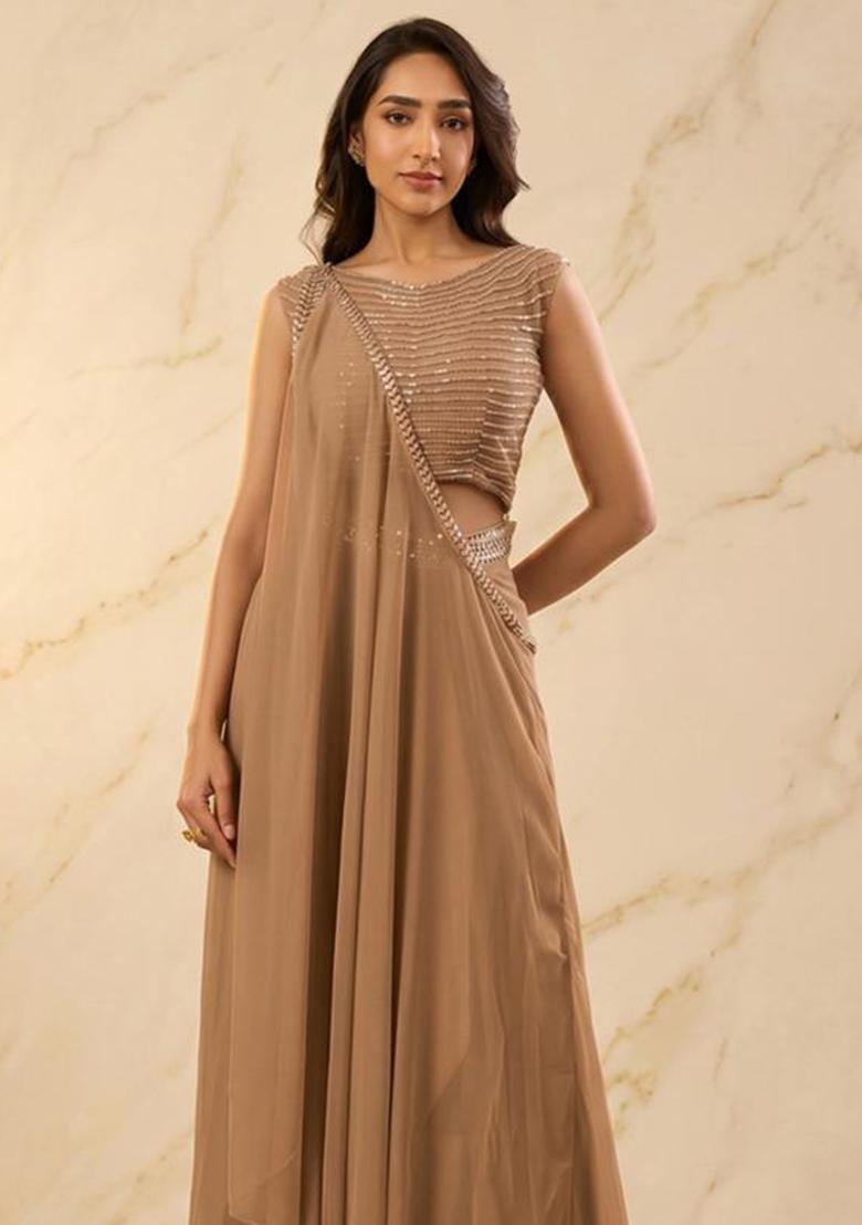 Beige Embroidered Handwork Fusion Set - Indya
