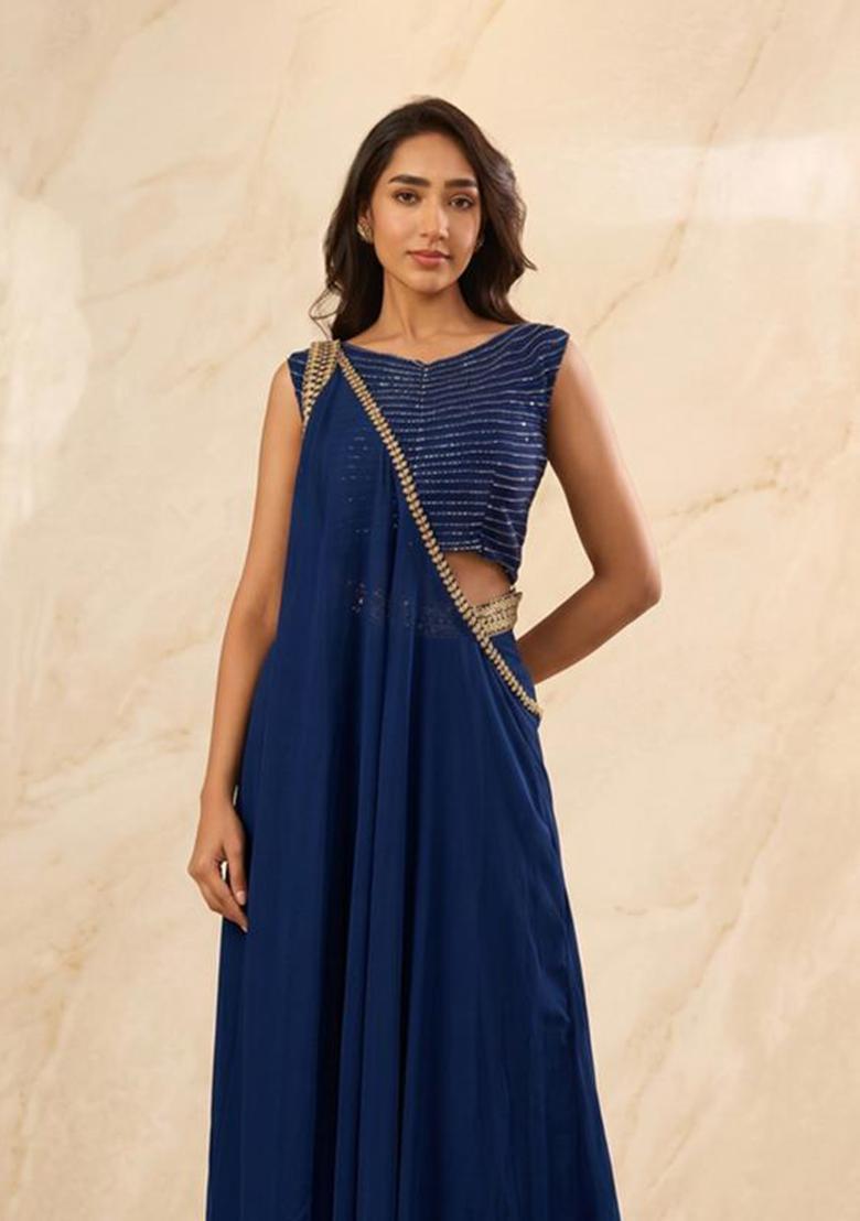 Navy Blue Embroidered Handwork Fusion Set - Indya