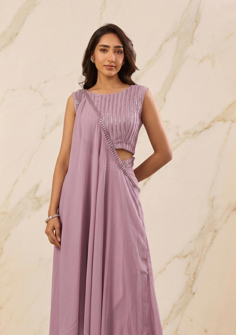 Dusty Purple Embroidered Handwork Fusion Set - Indya