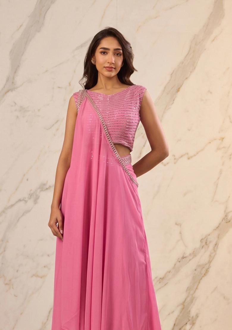 Pink Embroidered Handwork Fusion Set - Indya