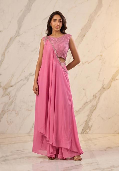 Pink Embroidered Handwork Fusion Set