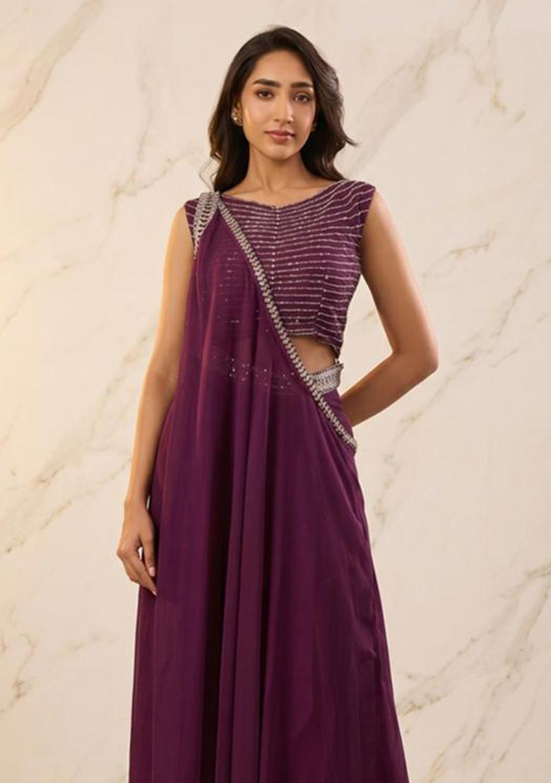 Wine Embroidered Handwork Fusion Set - Indya