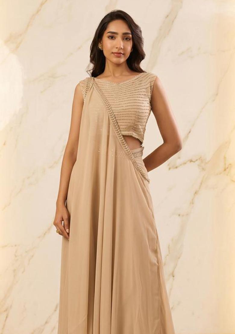 Beige Embroidered Handwork Fusion Set - Indya