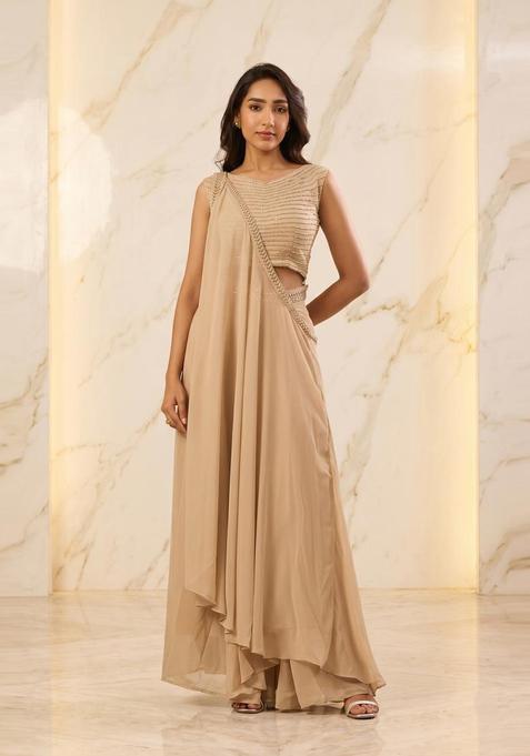 Beige Embroidered Handwork Fusion Set